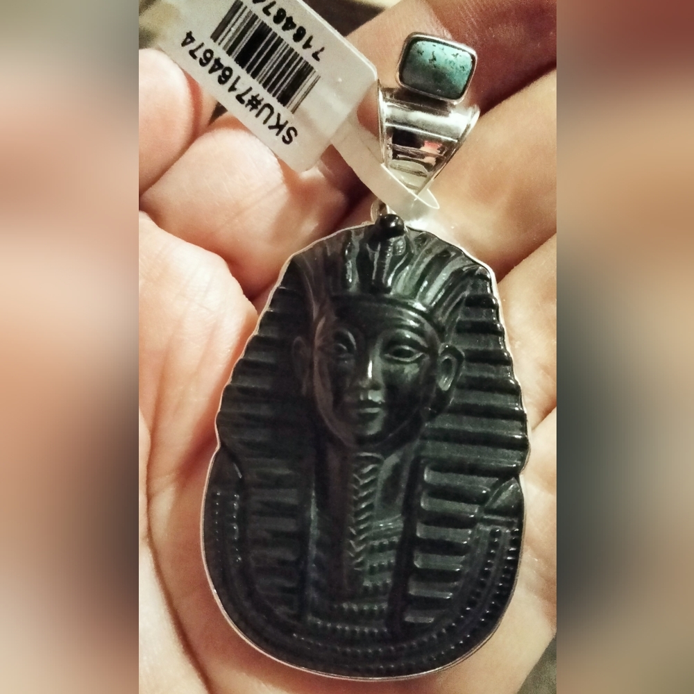 Carved Egyptian Pharaoh Black Onyx with Turquoise Pendant Sterling Silver